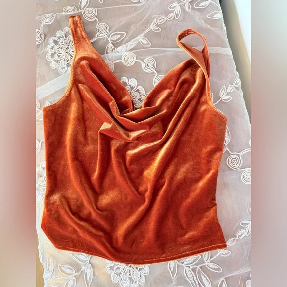 Striking Burnt Orange Velvet Cowl Neck Drape Top